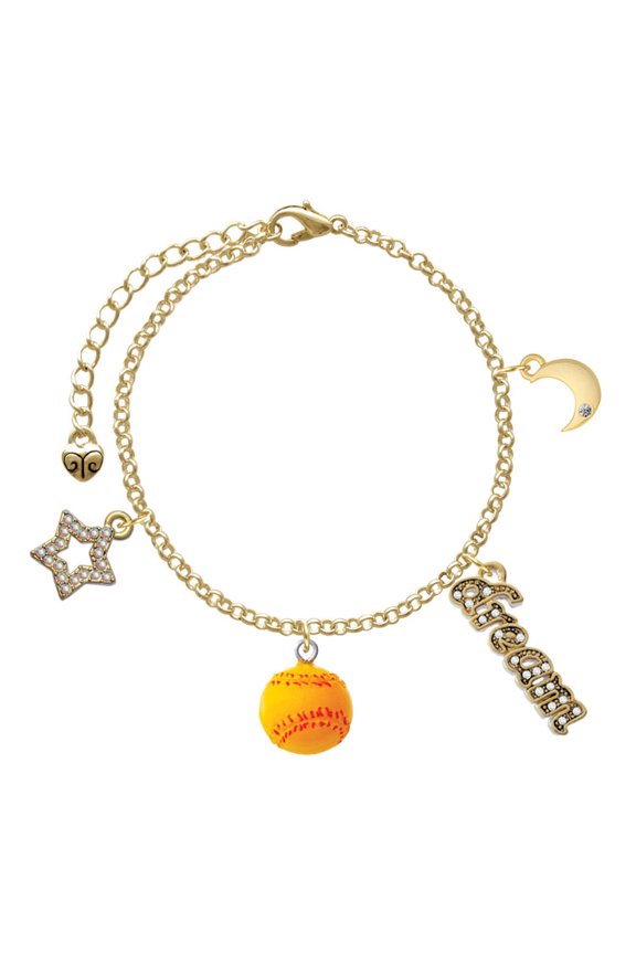 Resin 1/2" Softball Goldtone Dream Big Charm Bracelet, 7.5+2" Extender