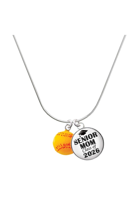 Resin 1/2" Softball - Silvertone Senior Mom Class of 2026 Dome Necklace, 18"