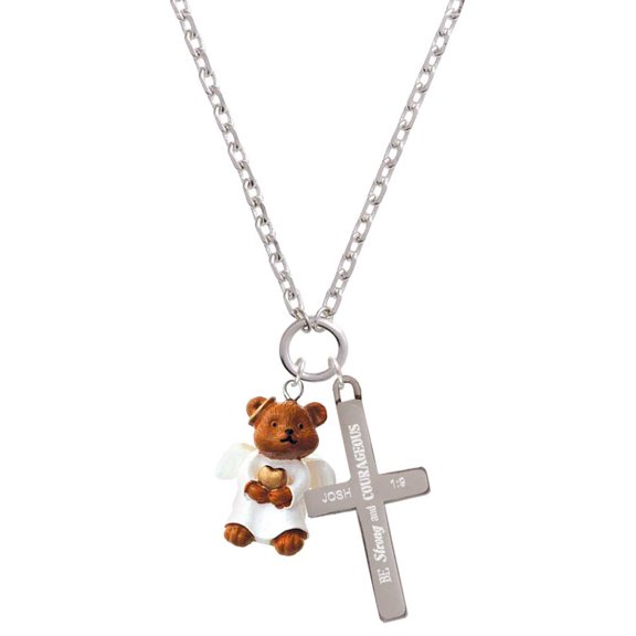 Delight Jewelry Resin Angel Bear Be Strong and Courageous Engraved Cross Zoey Necklace, 28"
