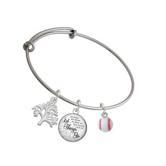 Delight Jewelry Resin Baseball Silvertone Let Things Go Tree Charm Bangle Bracelet