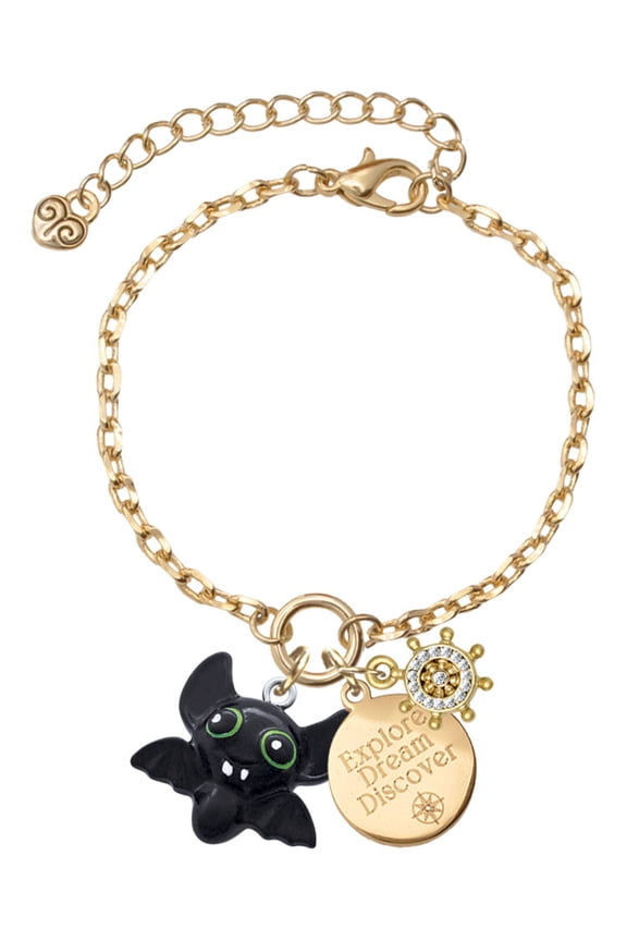 Resin Bat Buddy Goldtone Discover Dream Explore Zoey Charm Bracelet, 6.5+2" Extender