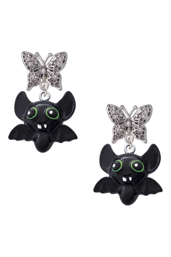 Resin Bat Buddy Silvertone Antiqued Butterfly Post Earrings