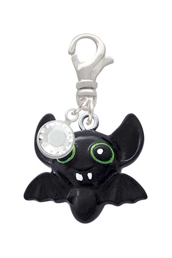 Resin Bat Buddy - Silvertone Clip on Charm with Clear Crystal Drop