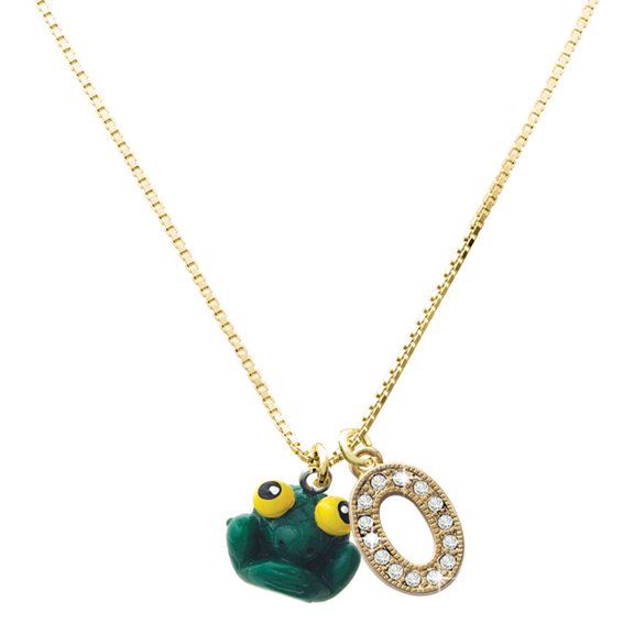 Delight Jewelry Resin Big Eyed Frog - Large Goldtone Crystal Initial - O - Charm Necklace, 17.5"+2"