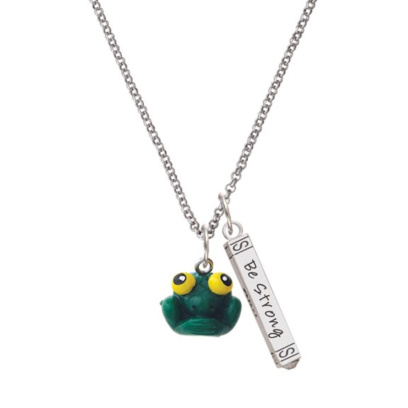 Delight Jewelry Resin Big Eyed Frog Silvertone Be Strong and Courageous Bar Charm Necklace, 23"