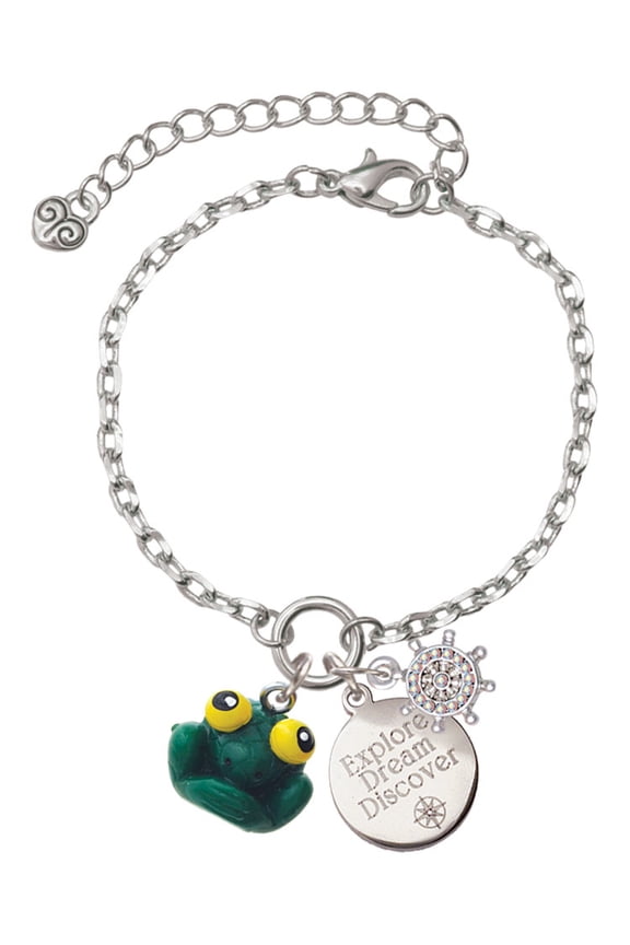 Resin Big Eyed Frog Silvertone Discover Dream Explore Zoey Charm Bracelet, 6.5+2" Extender