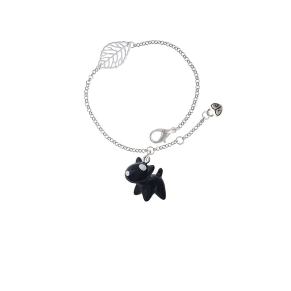 Delight Jewelry Resin Black Bull Terrier Dog - Silvertone Leaf Delicate Bracelet, 6.25+1.75"
