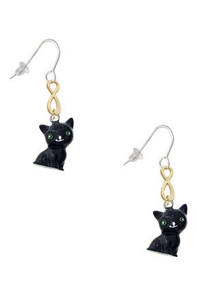 Resin Black Cat Gold Tone Infinity French Earrings