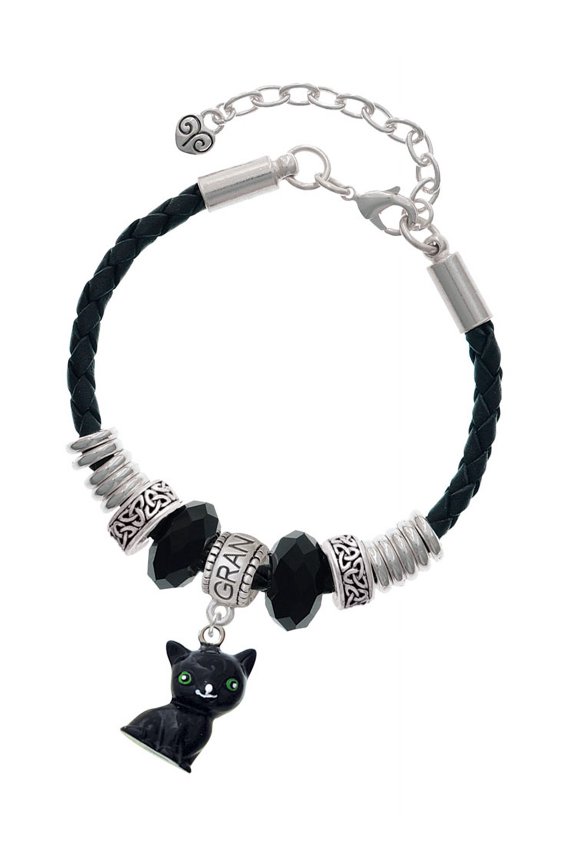 Resin Black Cat Grandmother Celtic Knot Leather Bead Bracelet, 7"+2" Extender