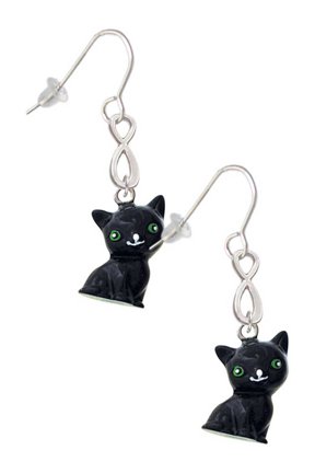 Resin Black Cat Silver tone Infinity French Earrings