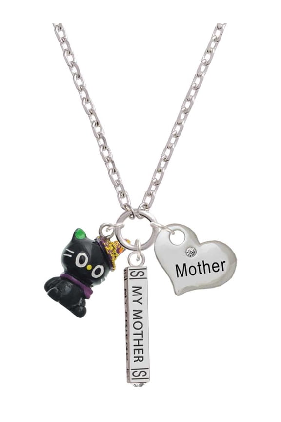 Resin Black Kitty Cat with Witch Hat Always My Mother Bar Zoe Necklace