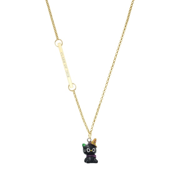 Delight Jewelry Resin Black Kitty Cat with Witch Hat - Gold-tone Class of 2026 Delicate Bar Necklace, 18.75"