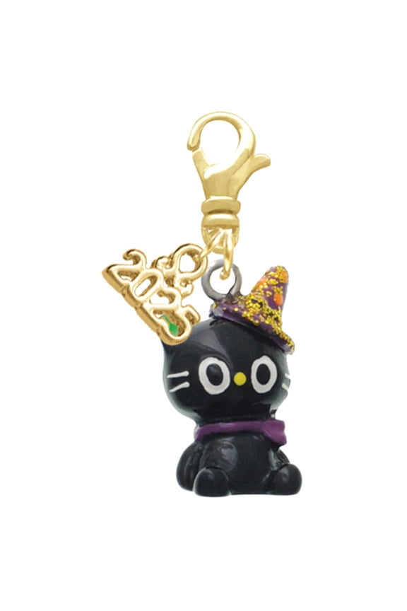 Resin Black Kitty Cat with Witch Hat - Gold-tone Clip on Charm with Mini Year 2025