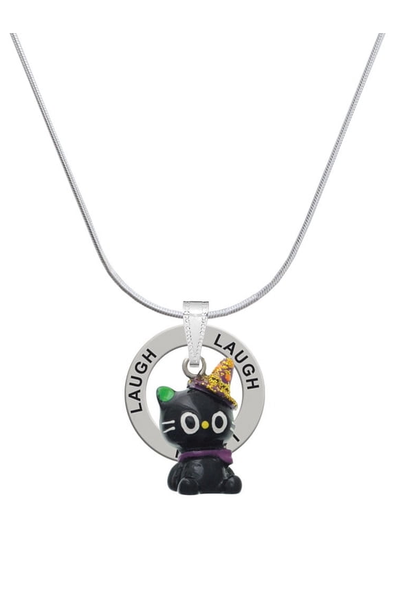 Resin Black Kitty Cat with Witch Hat Laugh Ring Charm Necklace, 18"