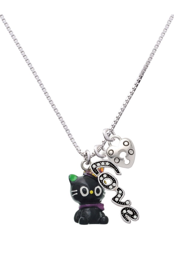 Resin Black Kitty Cat with Witch Hat - Love and Lock Charm Necklace, 18"+1"