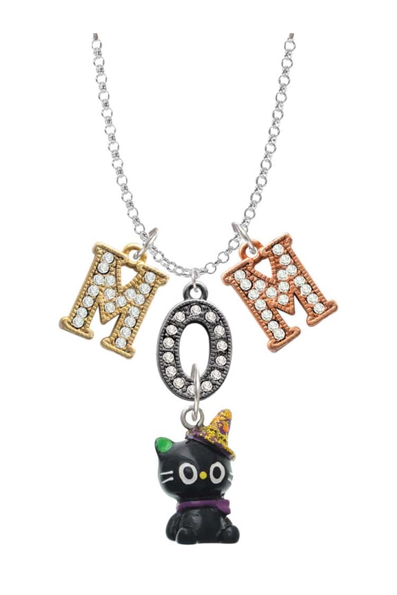 Resin Black Kitty Cat with Witch Hat Multi-Colored Crystal Mom Charm Necklace