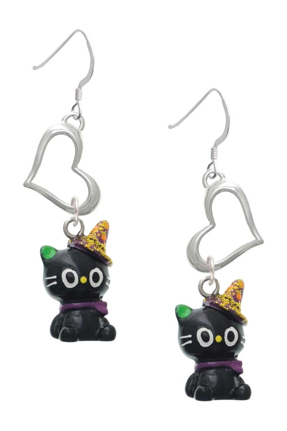 Resin Black Kitty Cat with Witch Hat Open Heart French Earrings