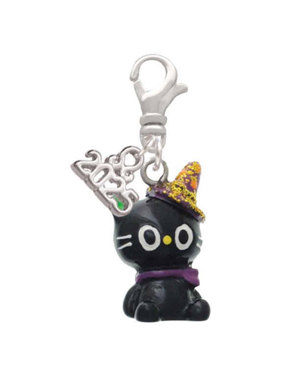 Resin Black Kitty Cat with Witch Hat - Silver-tone Clip on Charm with Mini Year 2025