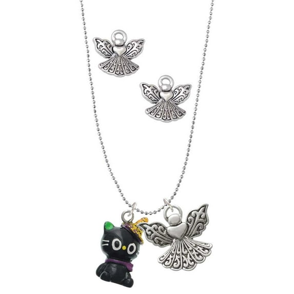 Delight Jewelry Resin Black Kitty Cat with Witch Hat Silver tone Guardian Angel Charm Necklace and Stud Earrings