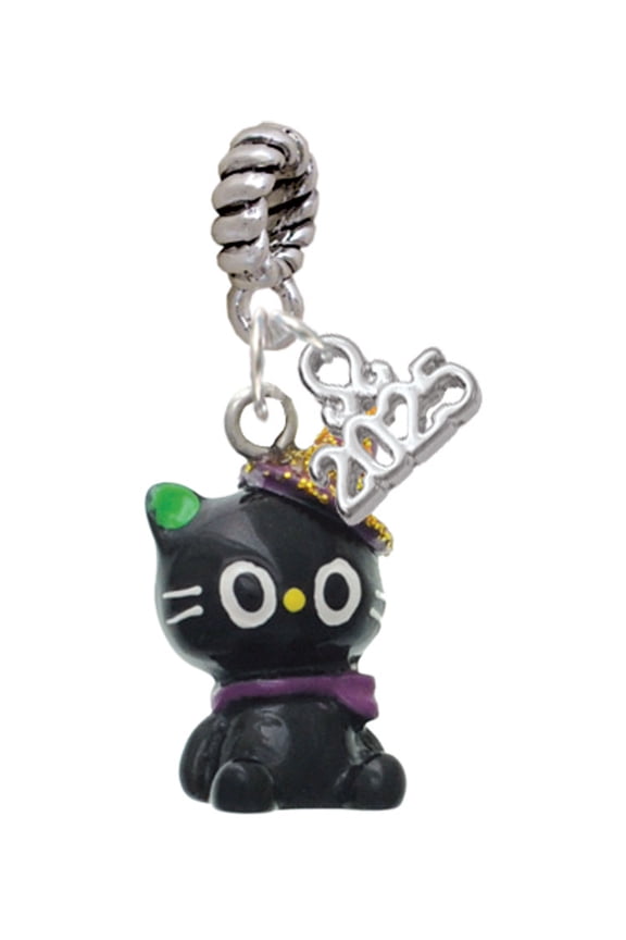 Resin Black Kitty Cat with Witch Hat - Silver-tone Rope Charm Bead Dangle with Mini 2025
