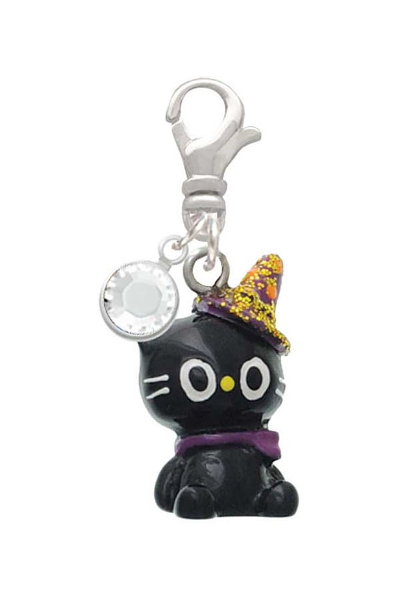 Resin Black Kitty Cat with Witch Hat - Silvertone Clip on Charm with Clear Crystal Drop