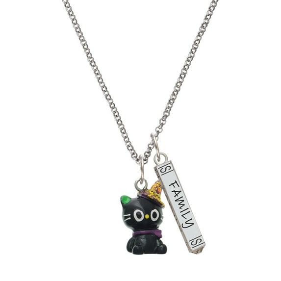 Delight Jewelry Resin Black Kitty Cat with Witch Hat Silvertone Family Bar Charm Necklace, 23"