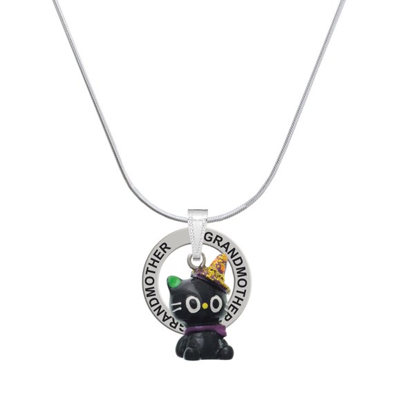 Delight Jewelry Resin Black Kitty Cat with Witch Hat Silvertone Grandmother Ring Charm Necklace, 18"