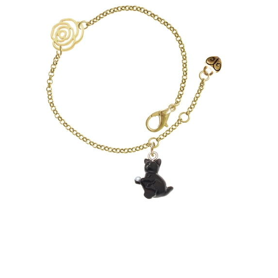 Delight Jewelry Resin Black Playing Cat Gold-tone Rose Link Chain Bracelet, 6.25"+1.75" Extender