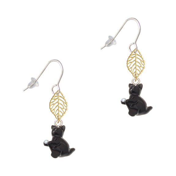 Delight Jewelry Resin Black Playing Cat Goldtone Leaf French Earrings