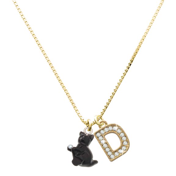Delight Jewelry Resin Black Playing Cat - Large Goldtone Crystal Initial - D - Charm Necklace, 17.5"+2"
