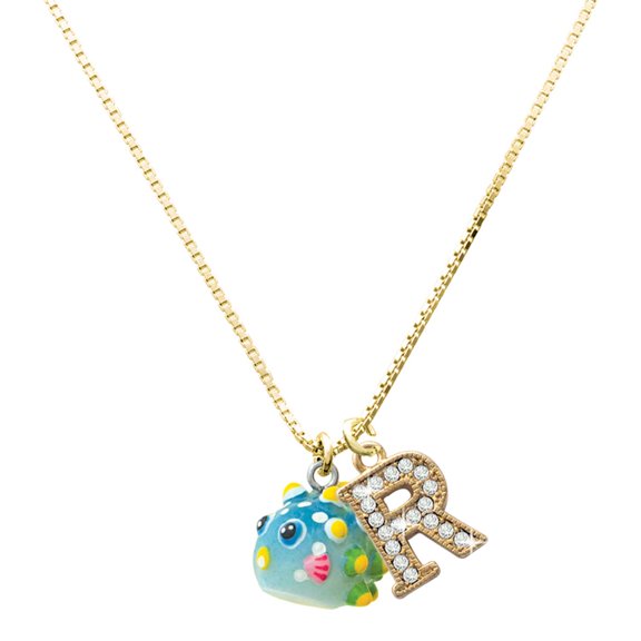 Delight Jewelry Resin Blowfish - Large Goldtone Crystal Initial - R - Charm Necklace, 17.5"+2"