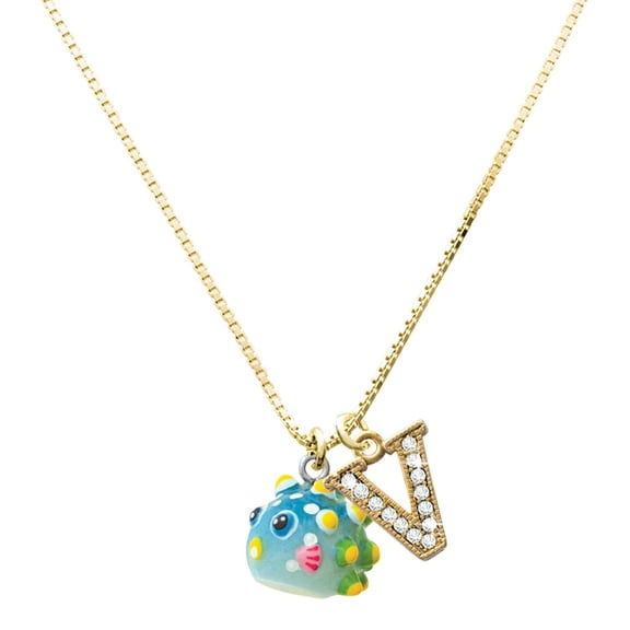 Delight Jewelry Resin Blowfish - Large Goldtone Crystal Initial - V - Charm Necklace, 17.5"+2"