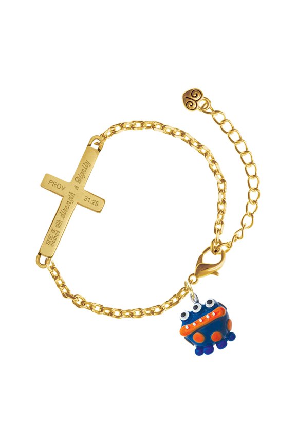 Resin Blue Alien with Orange Dots - Gold Tone Proverbs 31:25 She is Clothed with Strength and Dignity Engraved Cross Charm Bracelet, 6.5+1.5" Extender