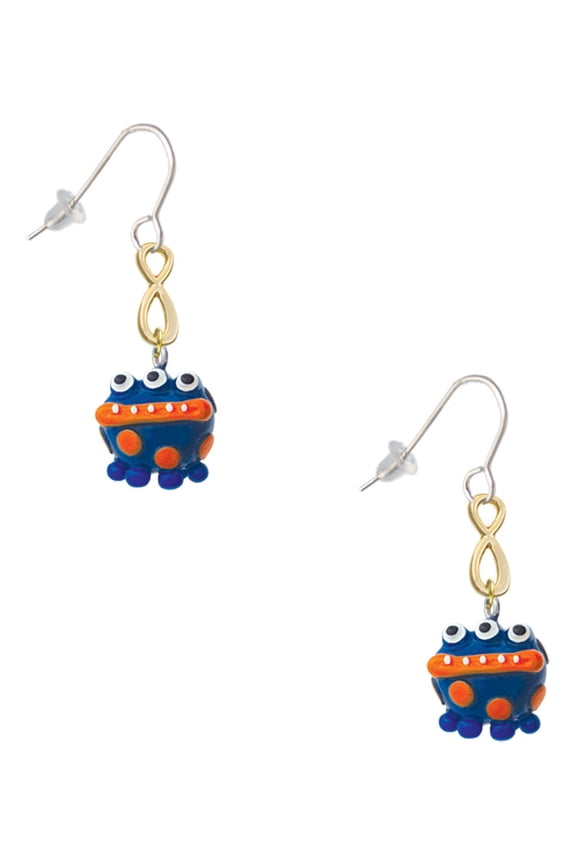 Resin Blue Alien with Orange Dots Gold Tone Infinity French Earrings