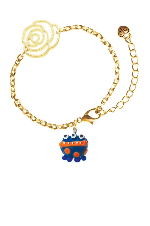 Resin Blue Alien with Orange Dots Gold-tone Flower Link Chain Bracelet, 6.75"+2" Extender