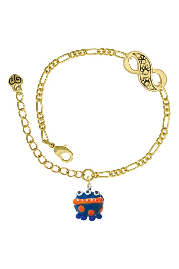 Resin Blue Alien with Orange Dots Gold-tone Paw Infinity Link Chain Bracelet, 6"+2" Extender