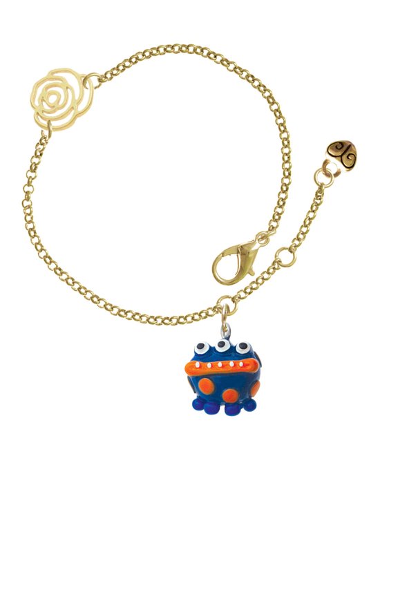 Resin Blue Alien with Orange Dots Gold-tone Rose Link Chain Bracelet, 6.25"+1.75" Extender