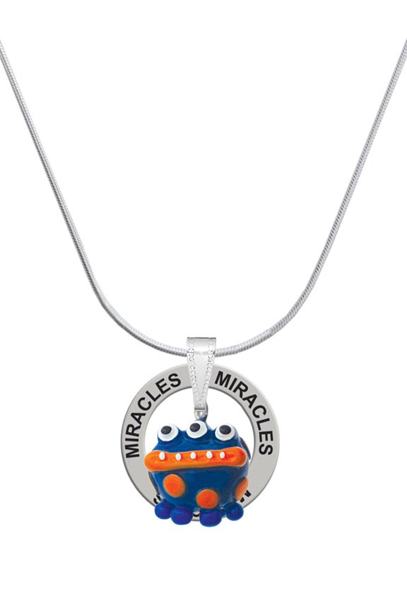 Resin Blue Alien with Orange Dots Miracles Ring Charm Necklace, 18"
