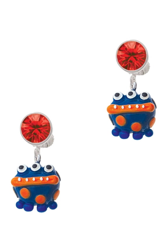 Resin Blue Alien with Orange Dots Red Crystal Clip on Earrings