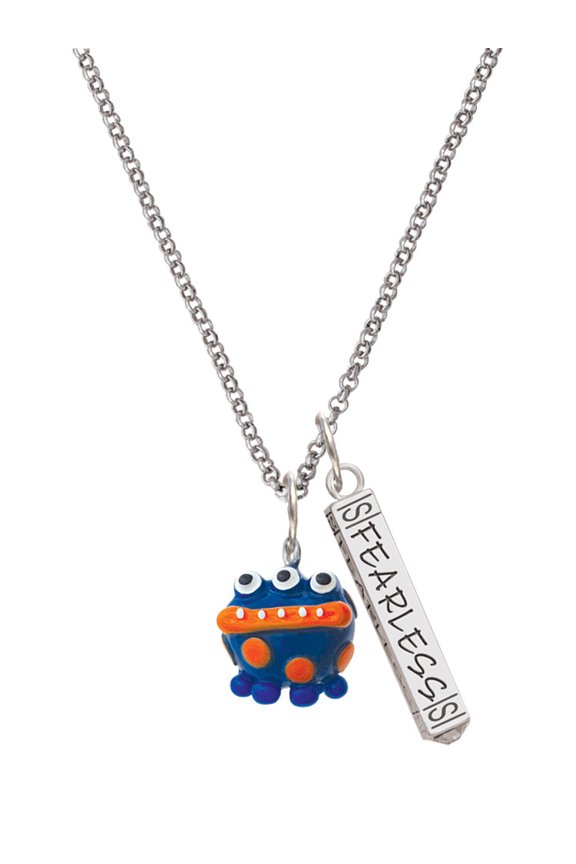 Resin Blue Alien with Orange Dots Silvertone Fearless Bar Charm Necklace, 23"