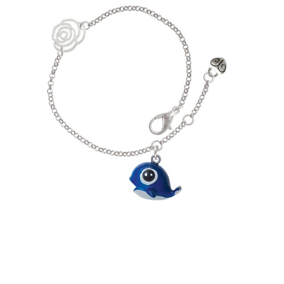 Delight Jewelry Resin Blue Baby Whale Silver-tone Rose Link Chain Bracelet, 6.25"+1.75" Extender