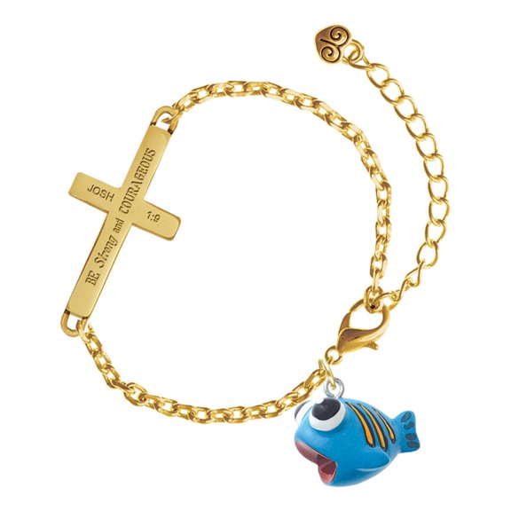 Delight Jewelry Resin Blue Fish with Orange Stripes - Gold Tone Joshua 1:9 Strong and Courageous Engraved Cross Charm Bracelet, 6.5+1.5" Extender