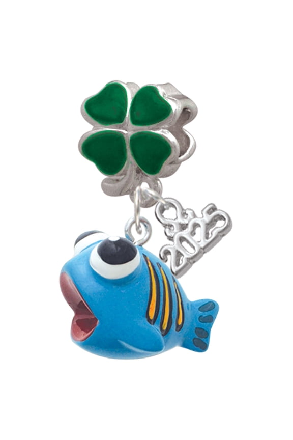 Resin Blue Fish with Orange Stripes - Good Luck Green Four Leaf Clover Charm Bead Dangle with Mini 2025