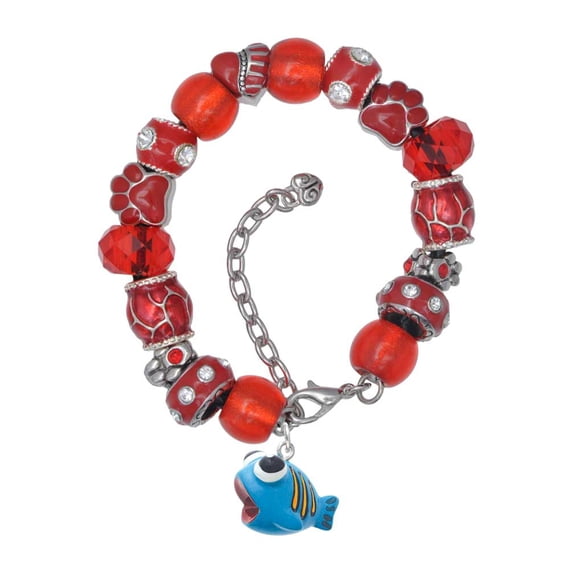 Delight Jewelry Resin Blue Fish with Orange Stripes Red Paw Print Bead Bracelet, 7"+2"