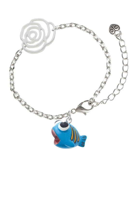 Resin Blue Fish with Orange Stripes Silver-tone Flower Link Chain Bracelet, 6.75"+2" Extender