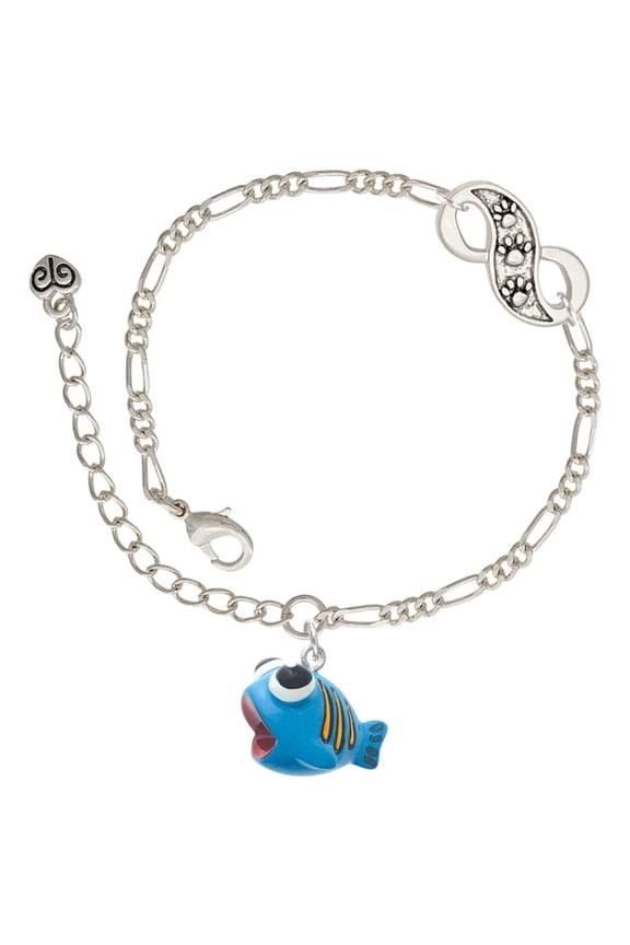 Resin Blue Fish with Orange Stripes Silver-tone Paw Infinity Link Chain Bracelet, 6"+2" Extender