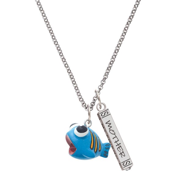 Delight Jewelry Resin Blue Fish with Orange Stripes Silvertone Mother Daughter Bar Charm Necklace, 23"