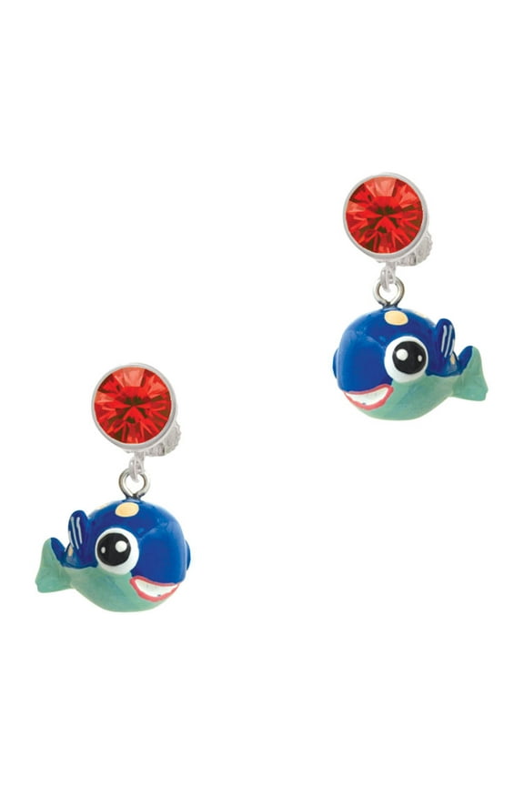 Resin Blue Fish with Pink Polka Dots Red Crystal Clip on Earrings