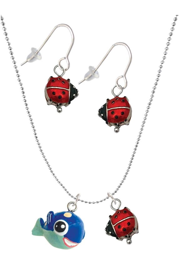 Resin Blue Fish with Pink Polka Dots Red Lucky Ladybug Necklace and Dangle Earrings Set