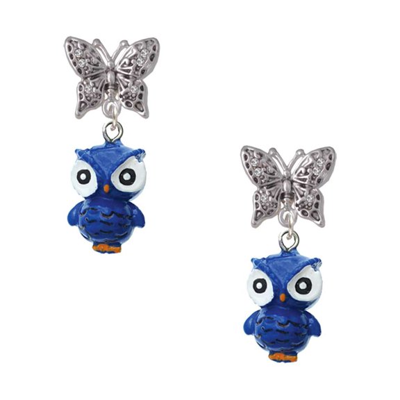 Delight Jewelry Resin Blue Snow Owl Silvertone Antiqued Butterfly Post Earrings